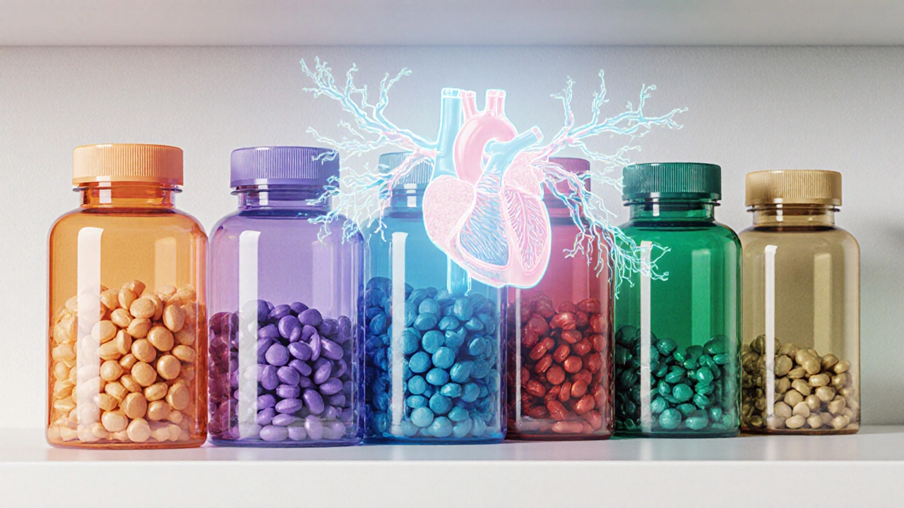 Array of seven different beta‑blocker pill bottles displayed on a pharmacy shelf.