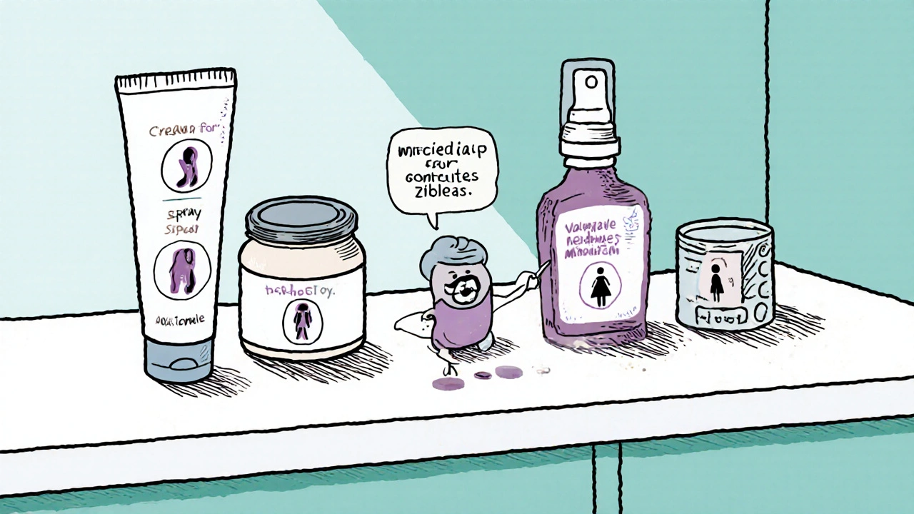 Bathroom counter displaying cream, powder, spray, and tablet miconazole products with icons.