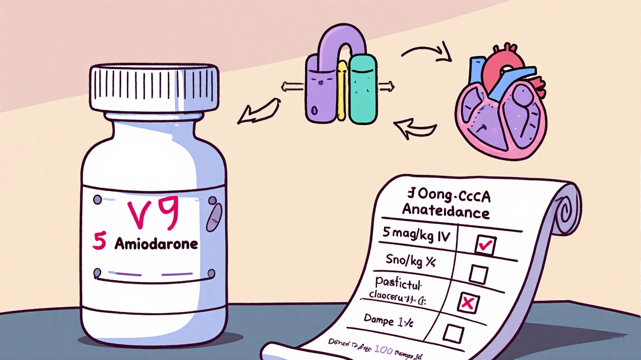 Cartoon amiodarone bottle with arrows to heart channels and a dosage schedule scroll.