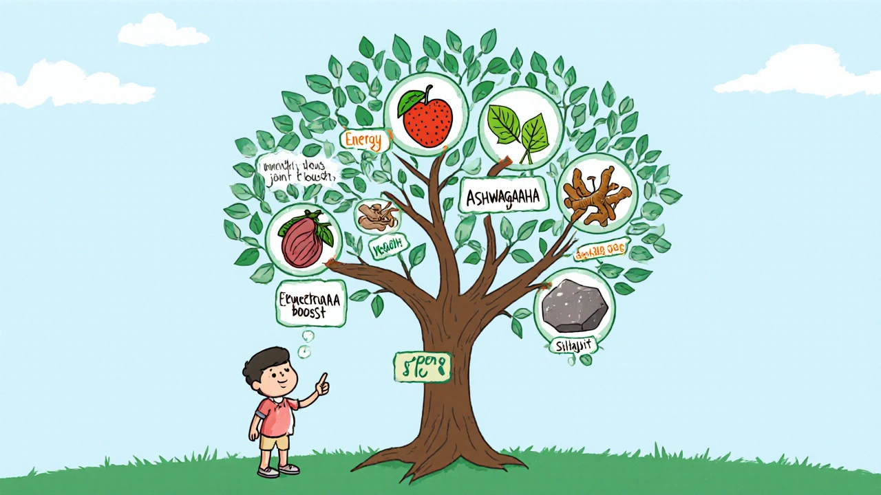 Cartoon decision tree showing health goals and alternative supplement icons.