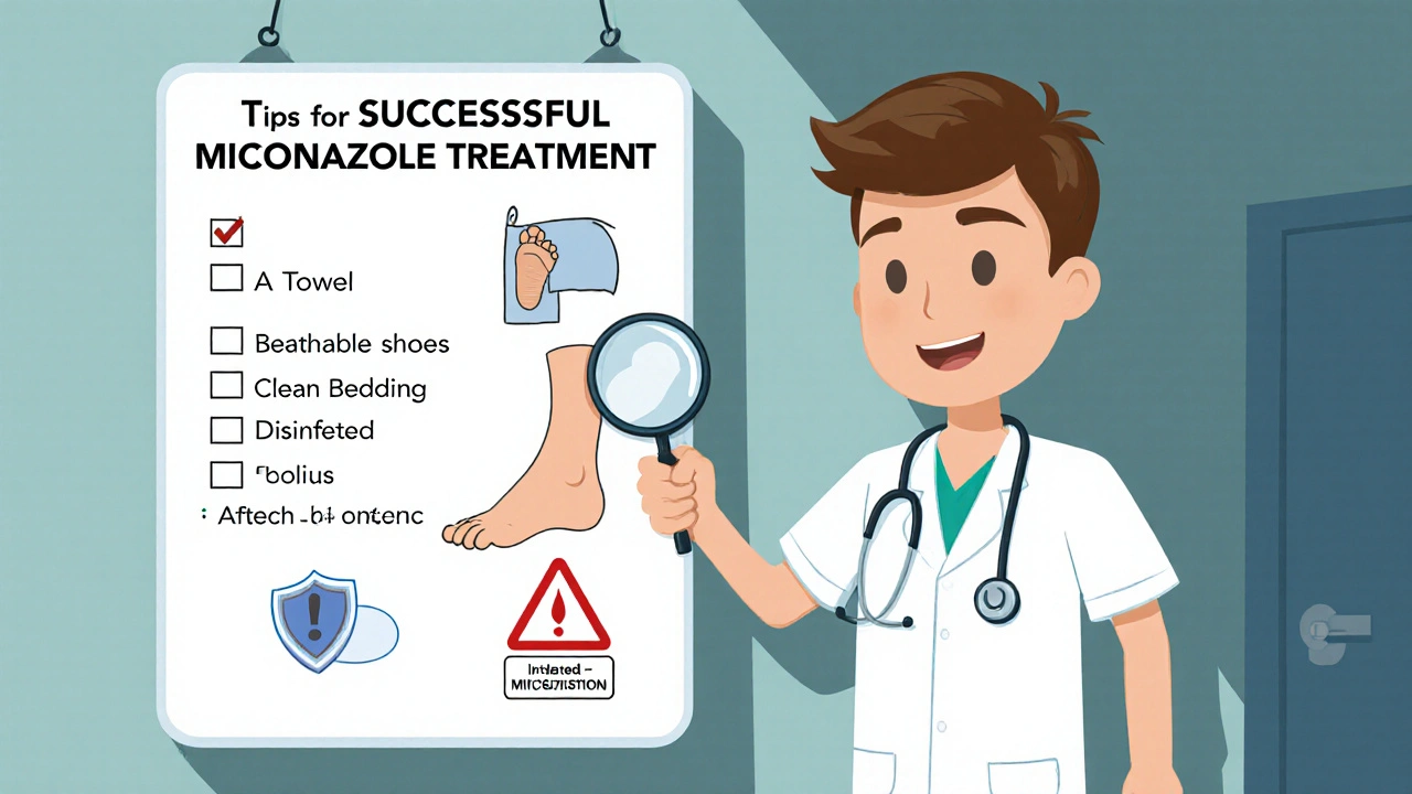 Cartoon doctor pointing to a checklist of treatment tips and side effect warning.
