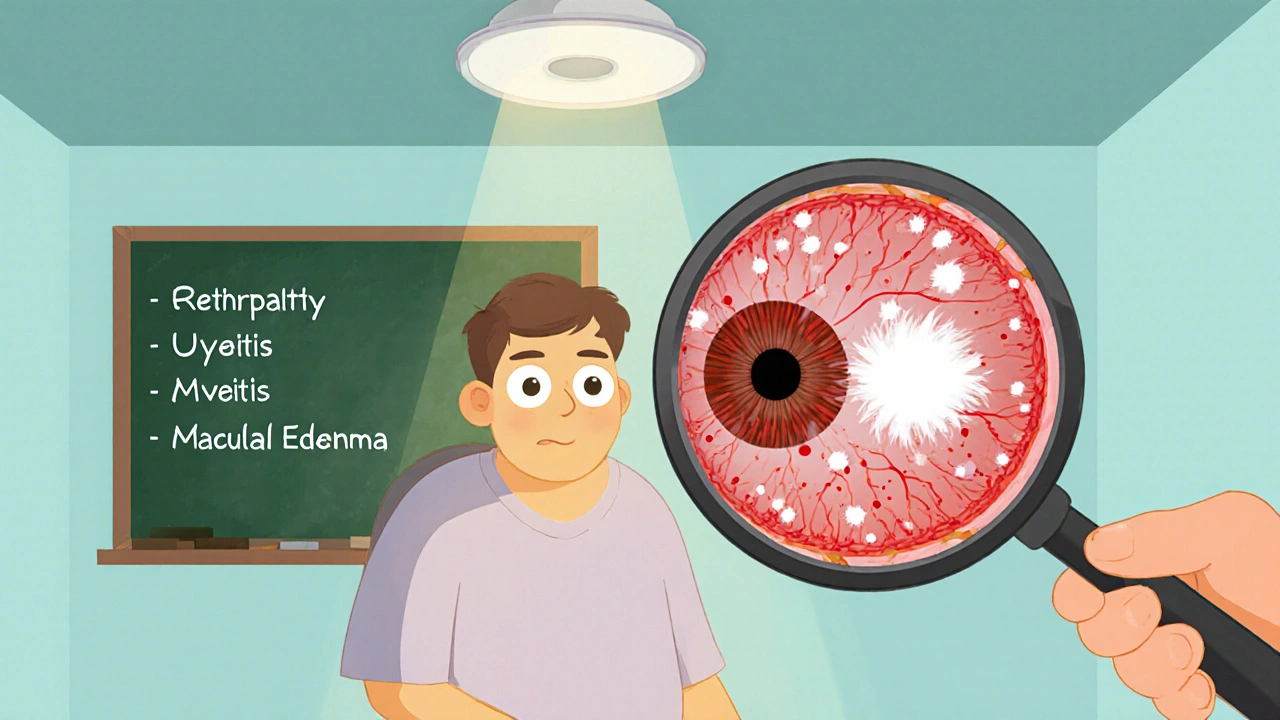 Cartoon eye exam showing retina with hemorrhages, cotton‑wool spots, and macular swelling.