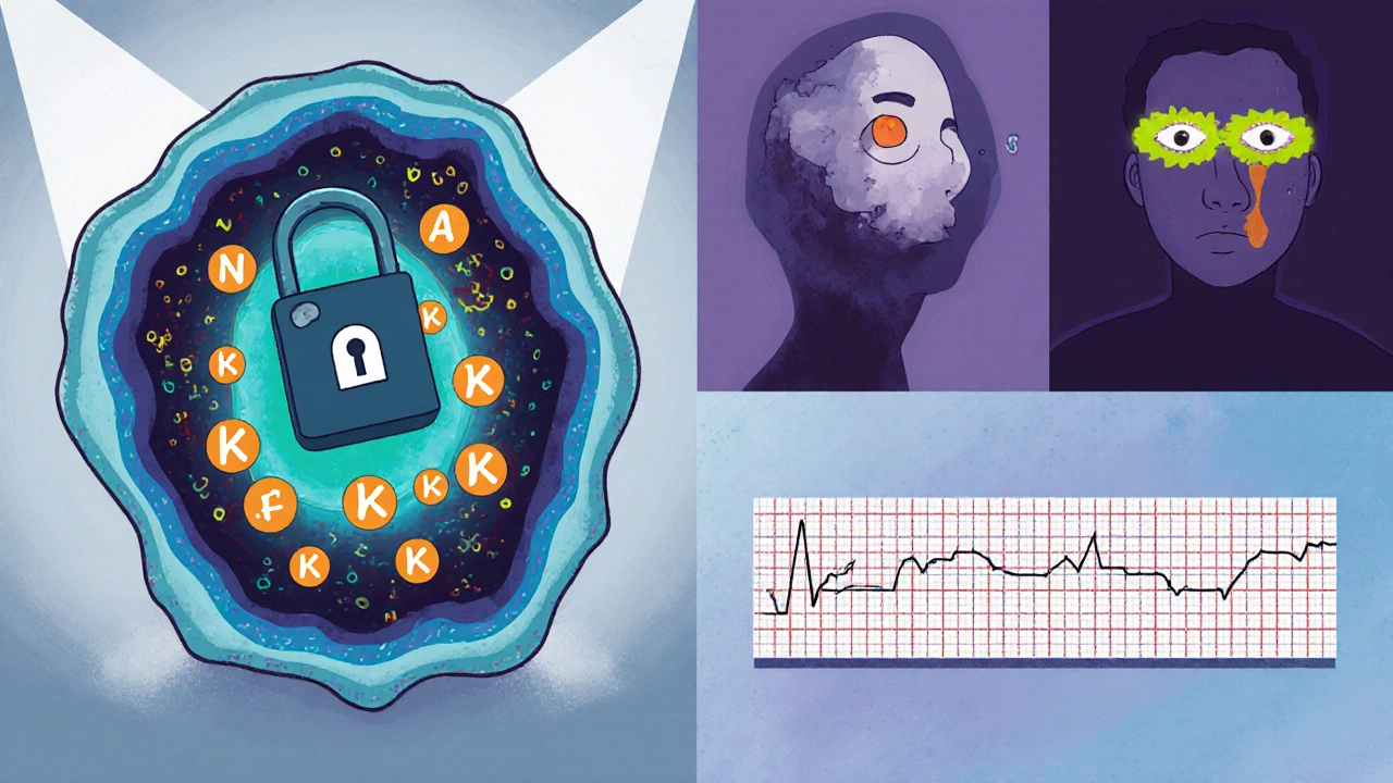 Cartoon heart cell showing digoxin block and calcium influx, plus patient toxicity symptoms.