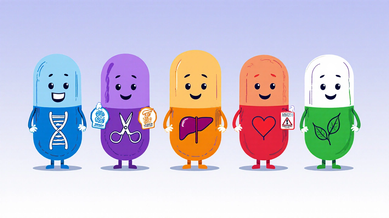 Cartoon lineup of five chemotherapy drugs with icons for mechanisms and side effects.