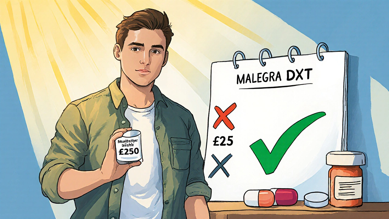 Cartoon man confidently holding a Malegra DXT pill with cost and checkmark symbols.