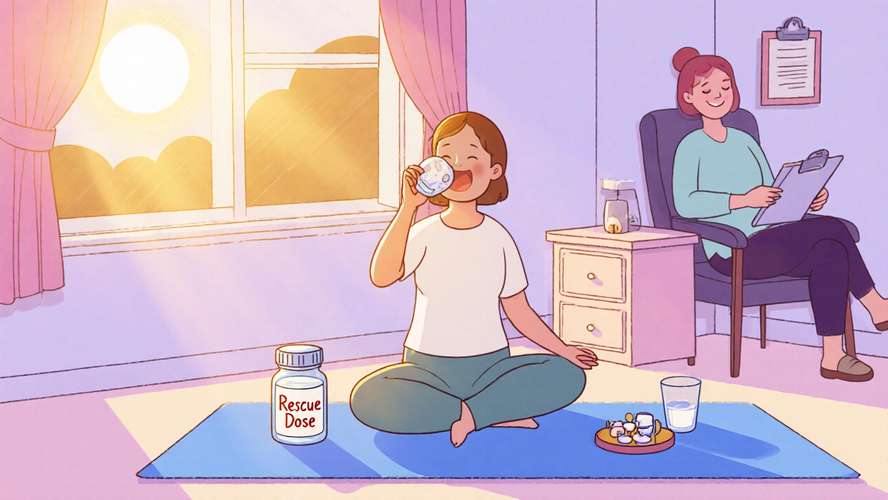 Cartoon of a relaxed person practicing yoga, drinking water, with a pill bottle nearby, symbolizing recovery.