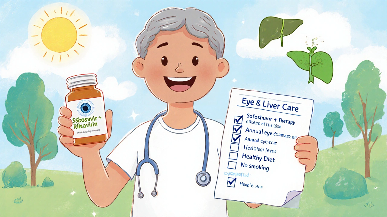 Cartoon patient holding medication and checklist, with clear eye and healthy liver.