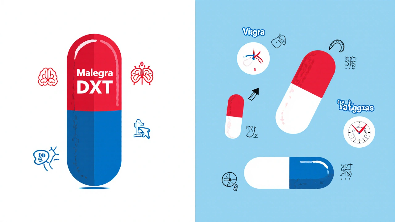 Cartoon split-screen comparing Malegra DXT with other ED and PE medicines.