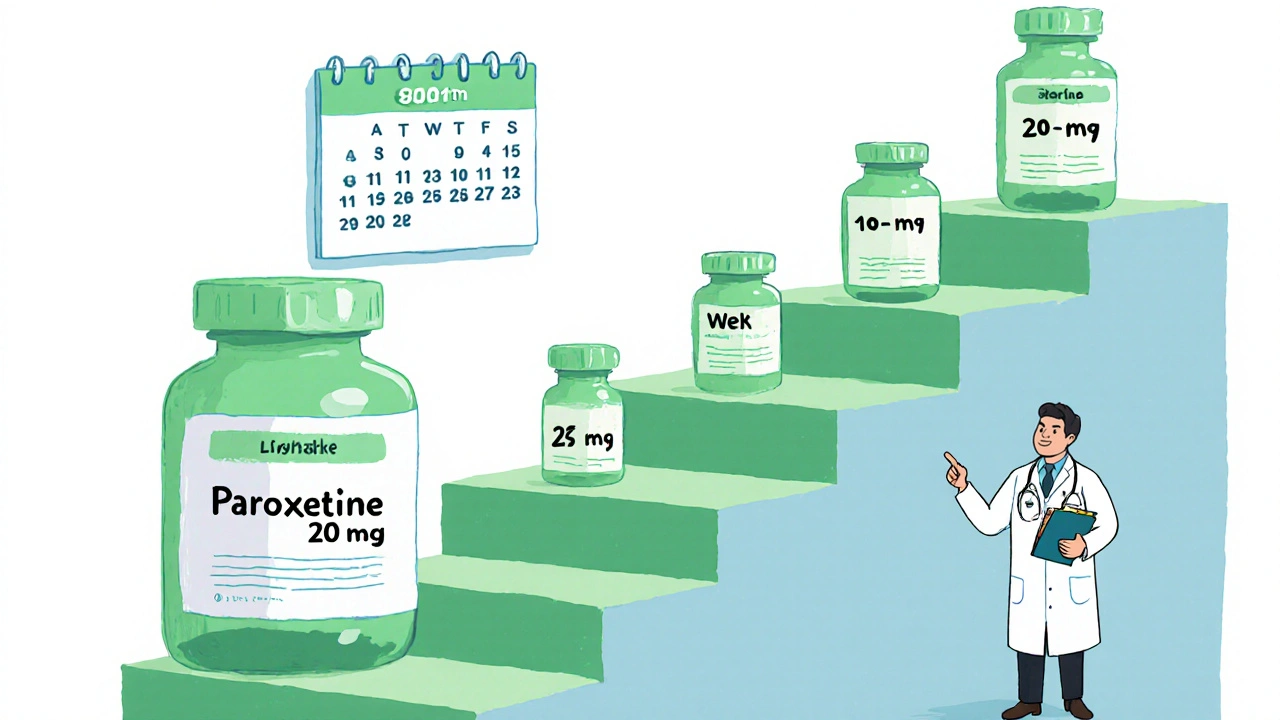 Cartoon staircase of decreasing pill bottles with a doctor and calendar indicating gradual taper.