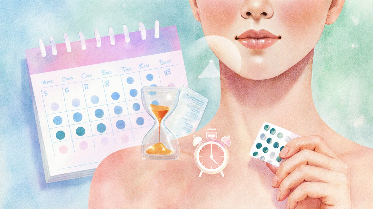 Clear‑skin patient holding medication with calendar showing treatment timeline.