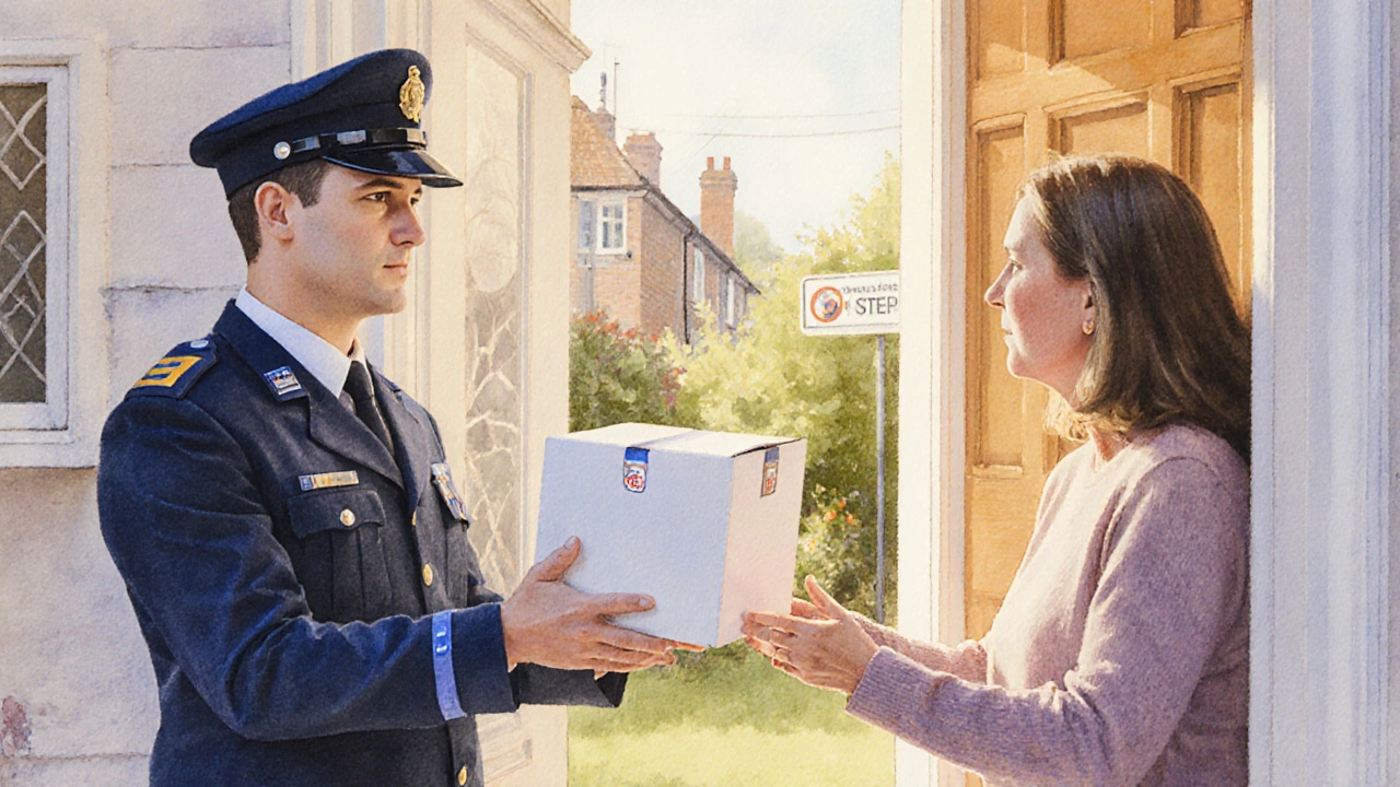 Courier delivering a sealed box of medication to a UK doorstep.