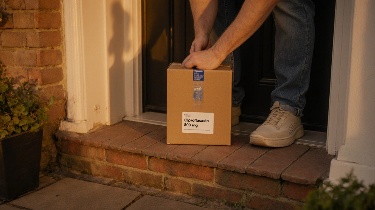 Delivery box of ciprofloxacin placed on a doorstep, homeowner checking the package.