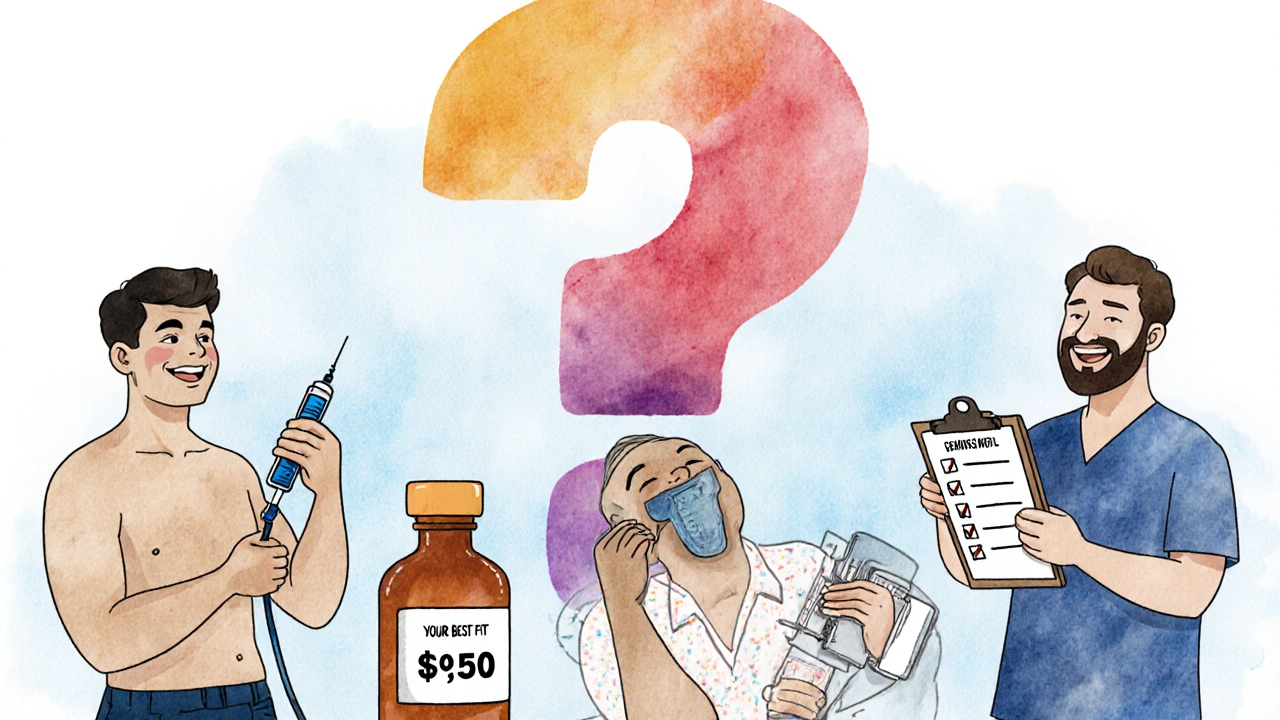 Diverse men using different ED treatments — injection, pump, generic pill — all smiling with doctor nearby.