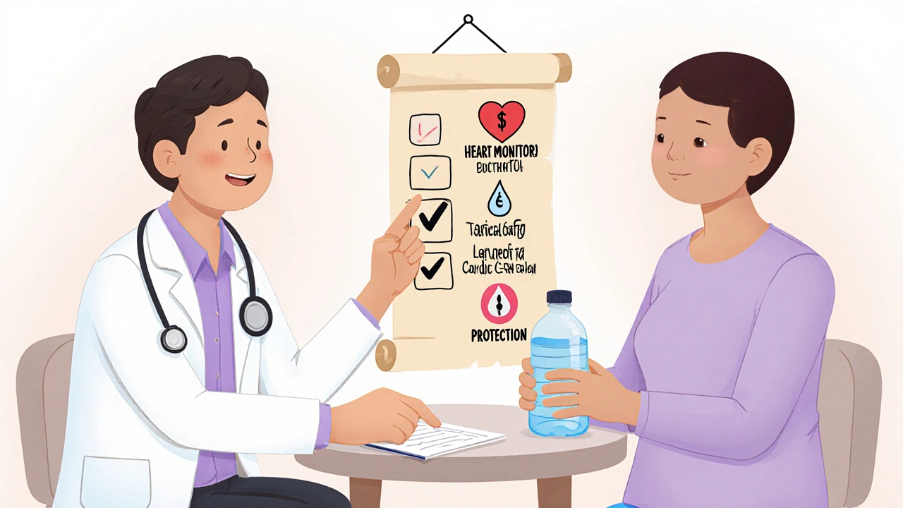 Doctor and patient reviewing a treatment checklist with icons for cost, oral dosing, and safety.