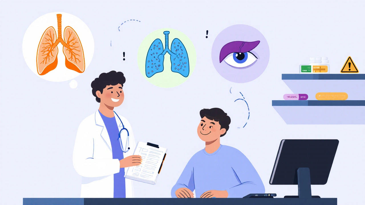 Doctor and patient with icons of thyroid, lungs, liver, eye, plus ICD and medication icons.