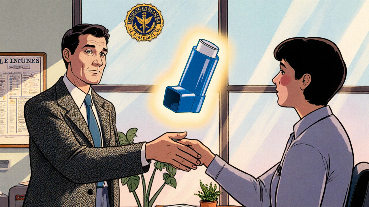 Doctor presenting an early fluticasone inhaler to a patient after FDA approval.