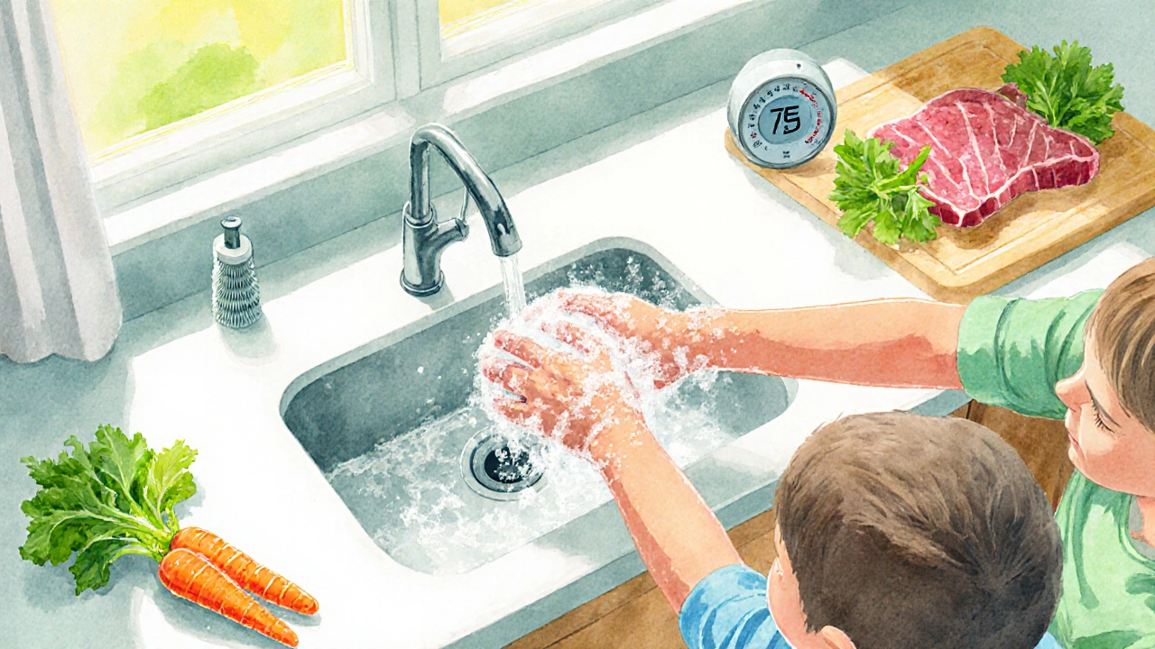 Family washing hands while kitchen shows food safety tools in sunlight.