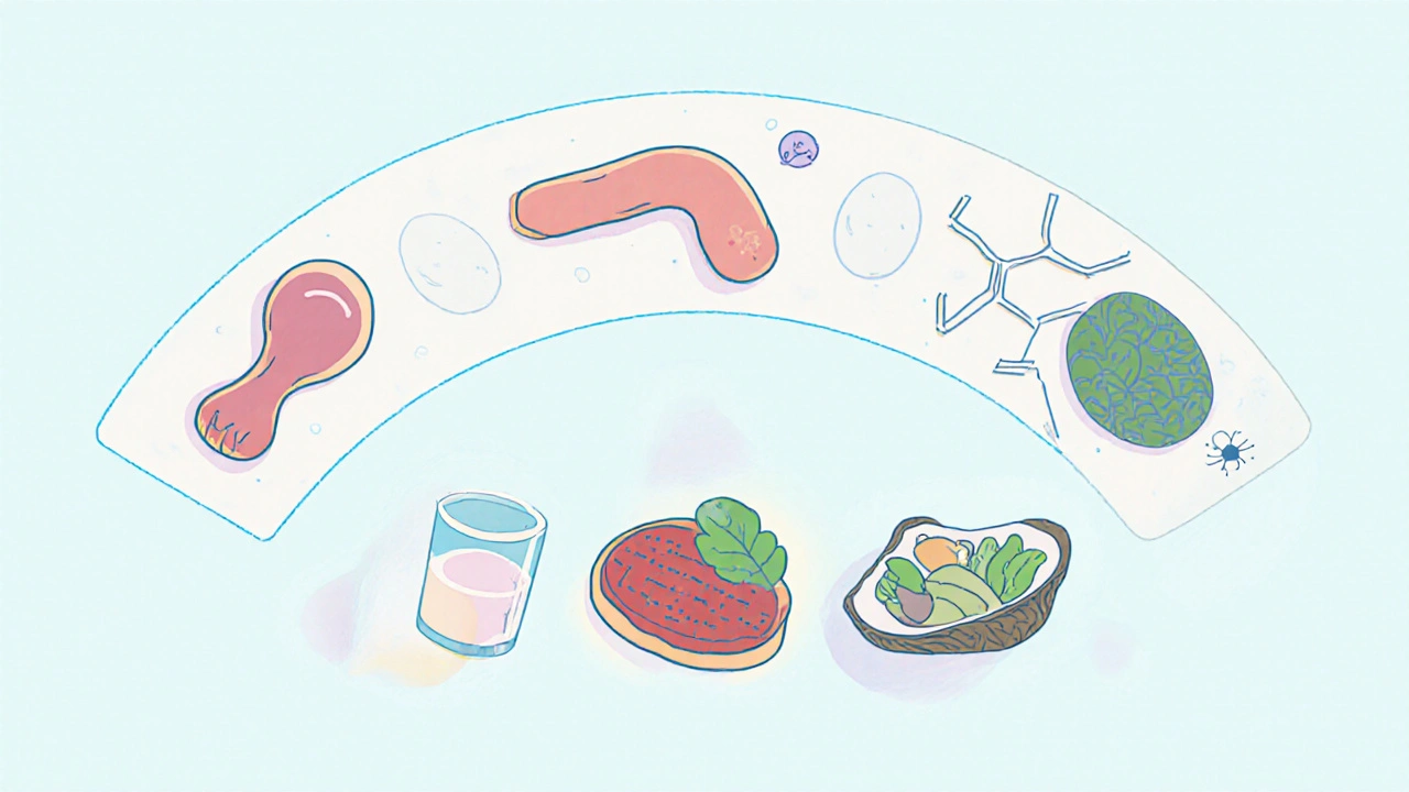 Illustration of common gut pathogens beside their typical food sources.