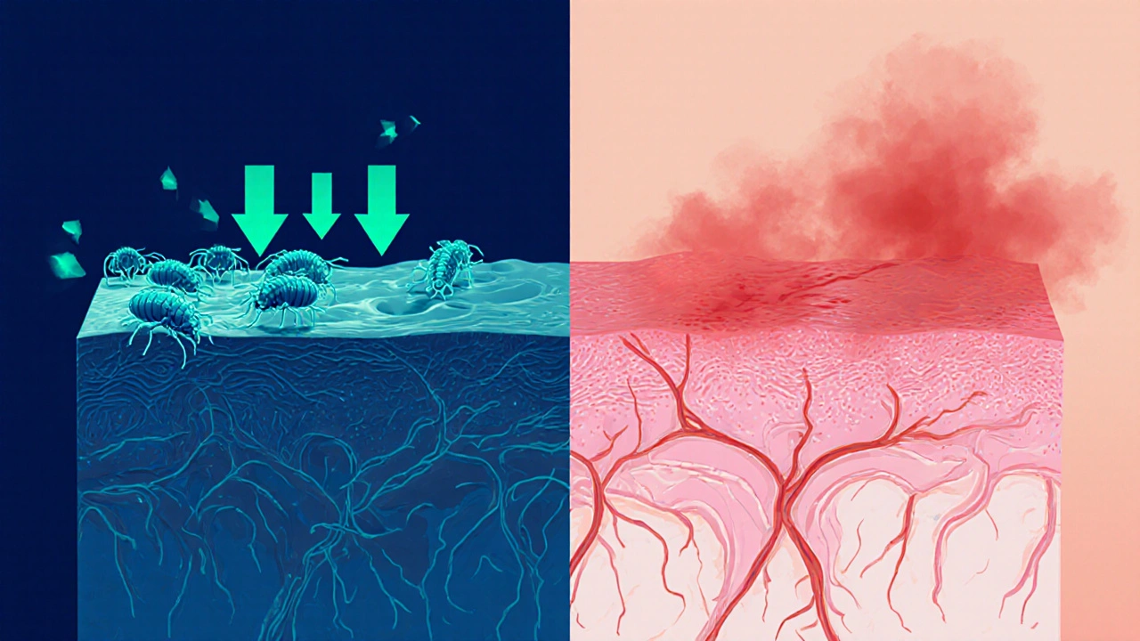 Illustration of skin layers showing Demodex mites being targeted by ivermectin and reduced inflammation.