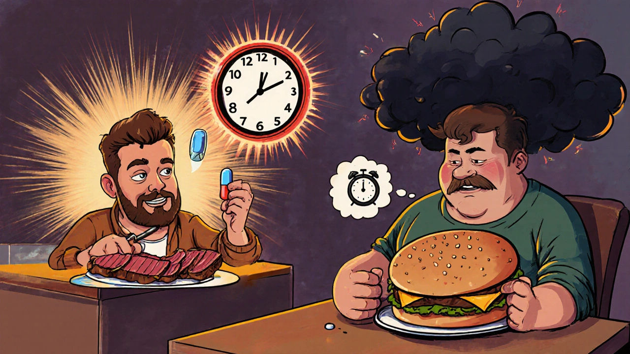 Man eating steak with Cialis pill, glowing 36-hour clock, another man struggling with Viagra and fatty food.