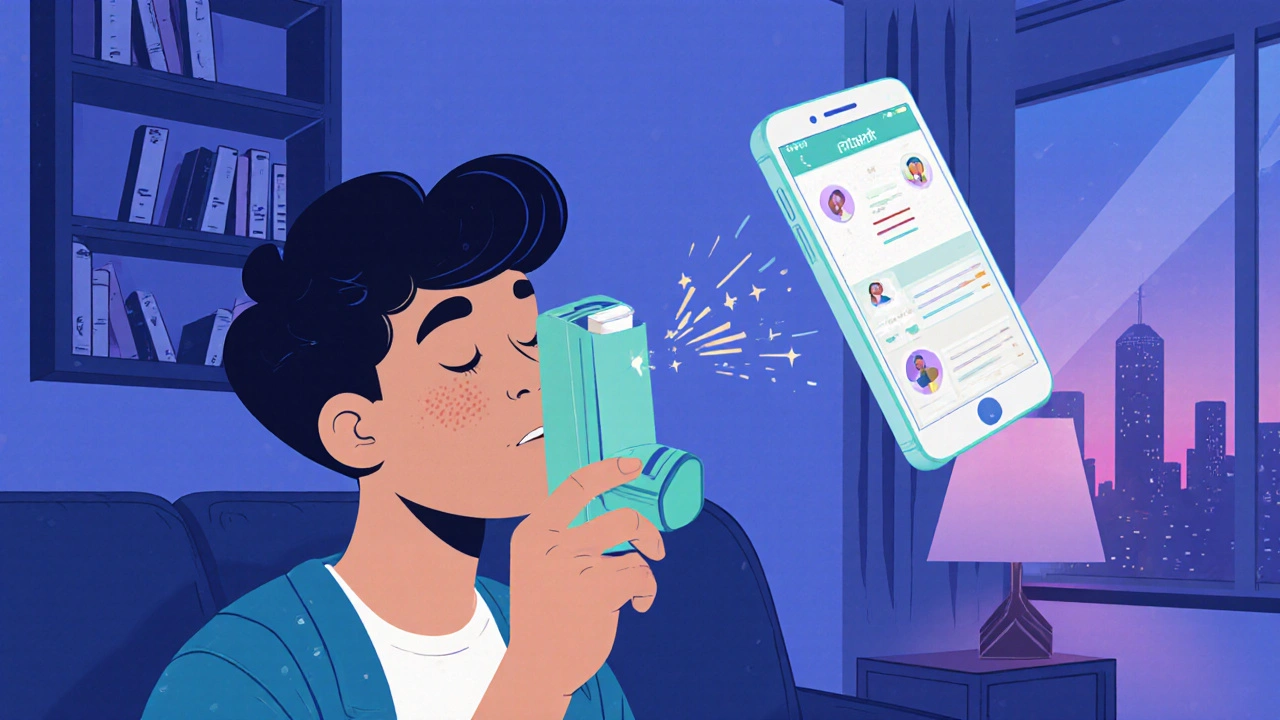 Modern patient using a digital inhaler with a smartphone, illustrating fluticasone&#039;s future.