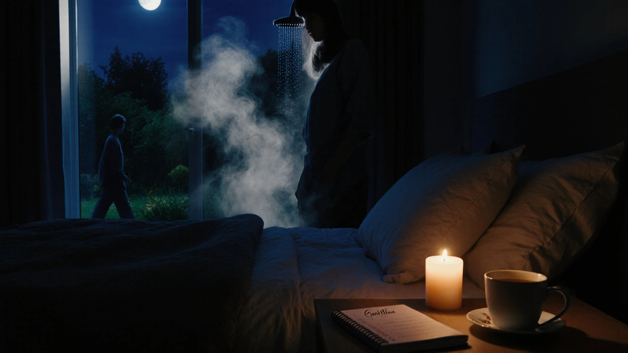 Nighttime bedroom with shower steam, candle, journal, tea, and a moonlit garden visible through a window.