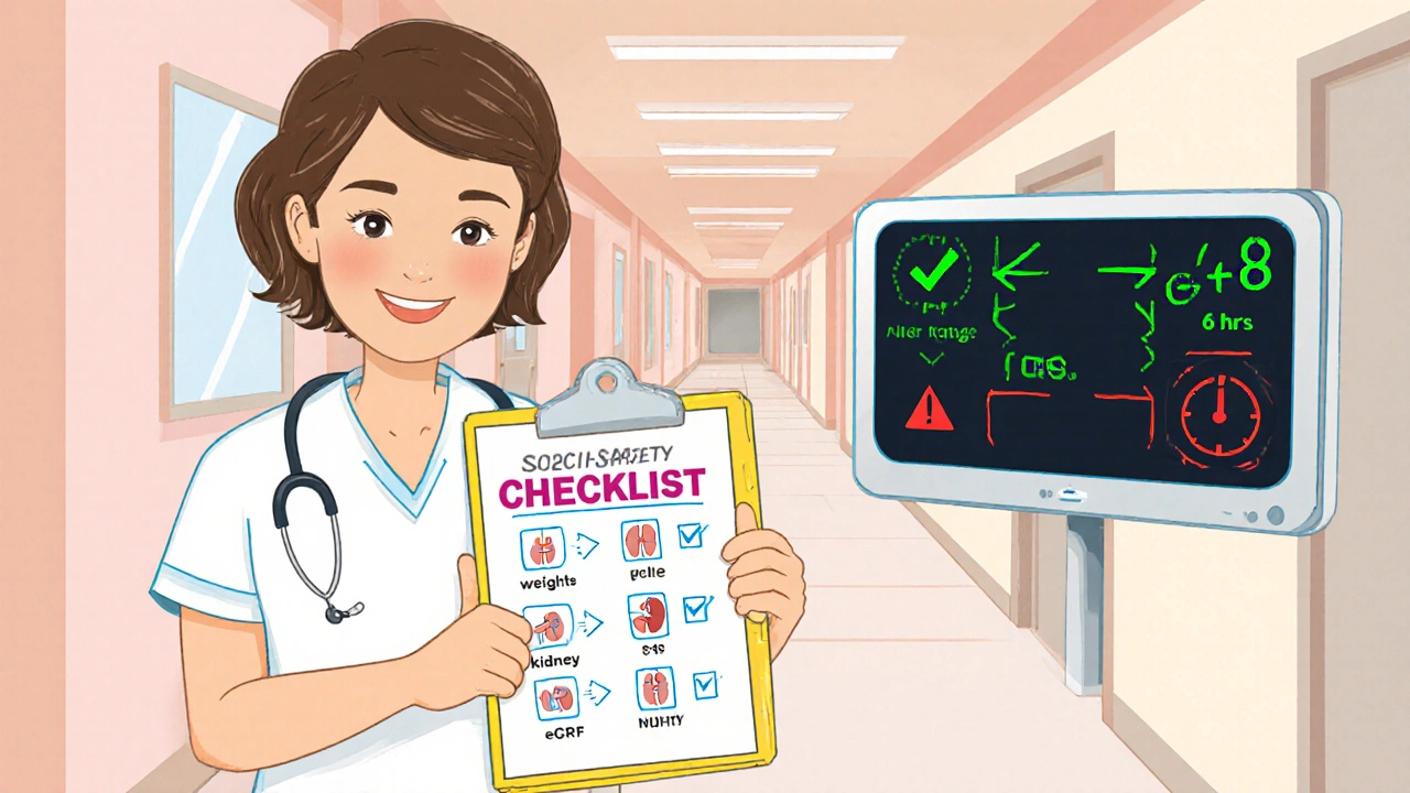 Nurse with clipboard checklist of digoxin monitoring items and digital alert monitor.