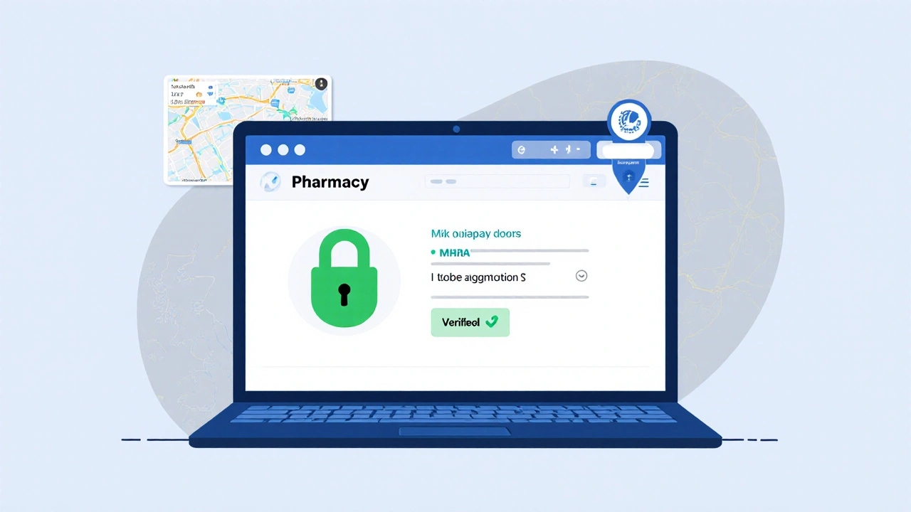 Online pharmacy webpage with padlock, MHRA licence badge, and prescription upload button.