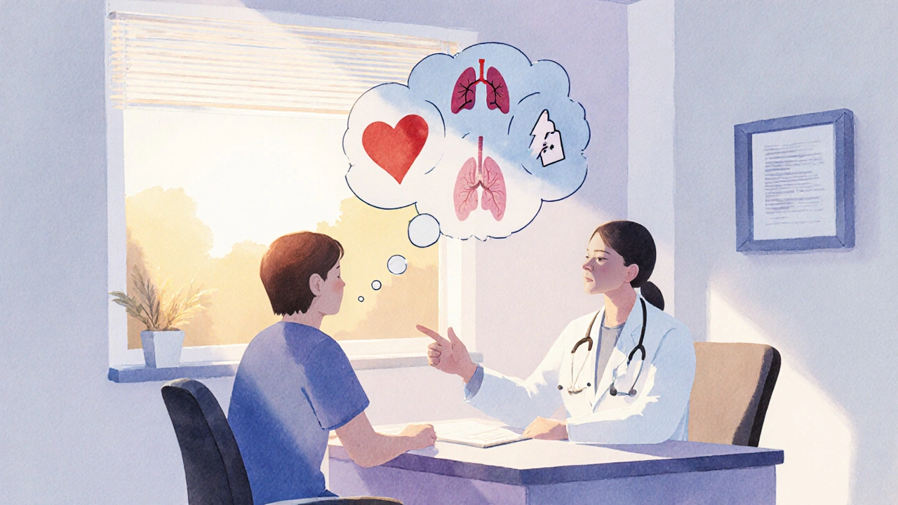 Patient and doctor discussing medication with symbols of heart, migraine, lungs, and cost.