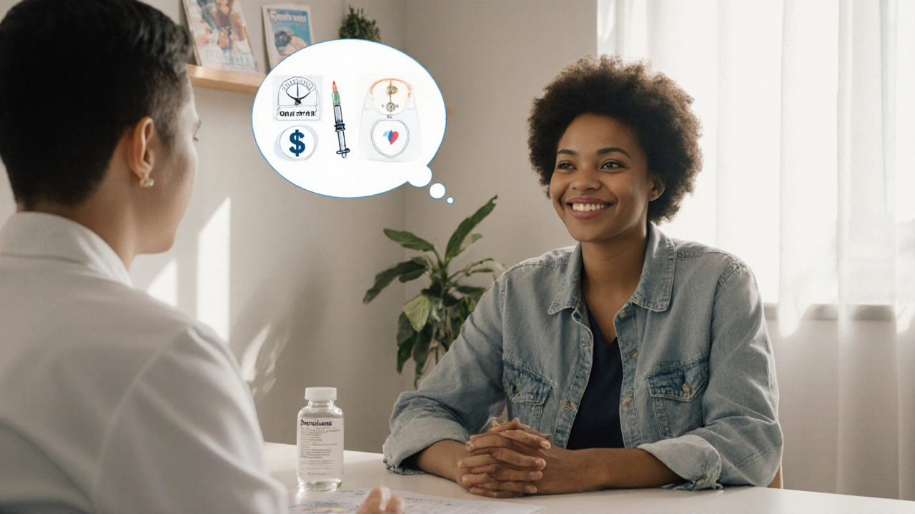 Patient and doctor discussing weight‑loss options in a bright clinic setting.