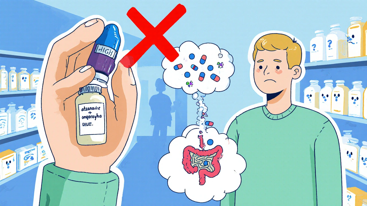 Patient holding atazanavir pill and omeprazole bottle with red X, illustrating blocked drug absorption.