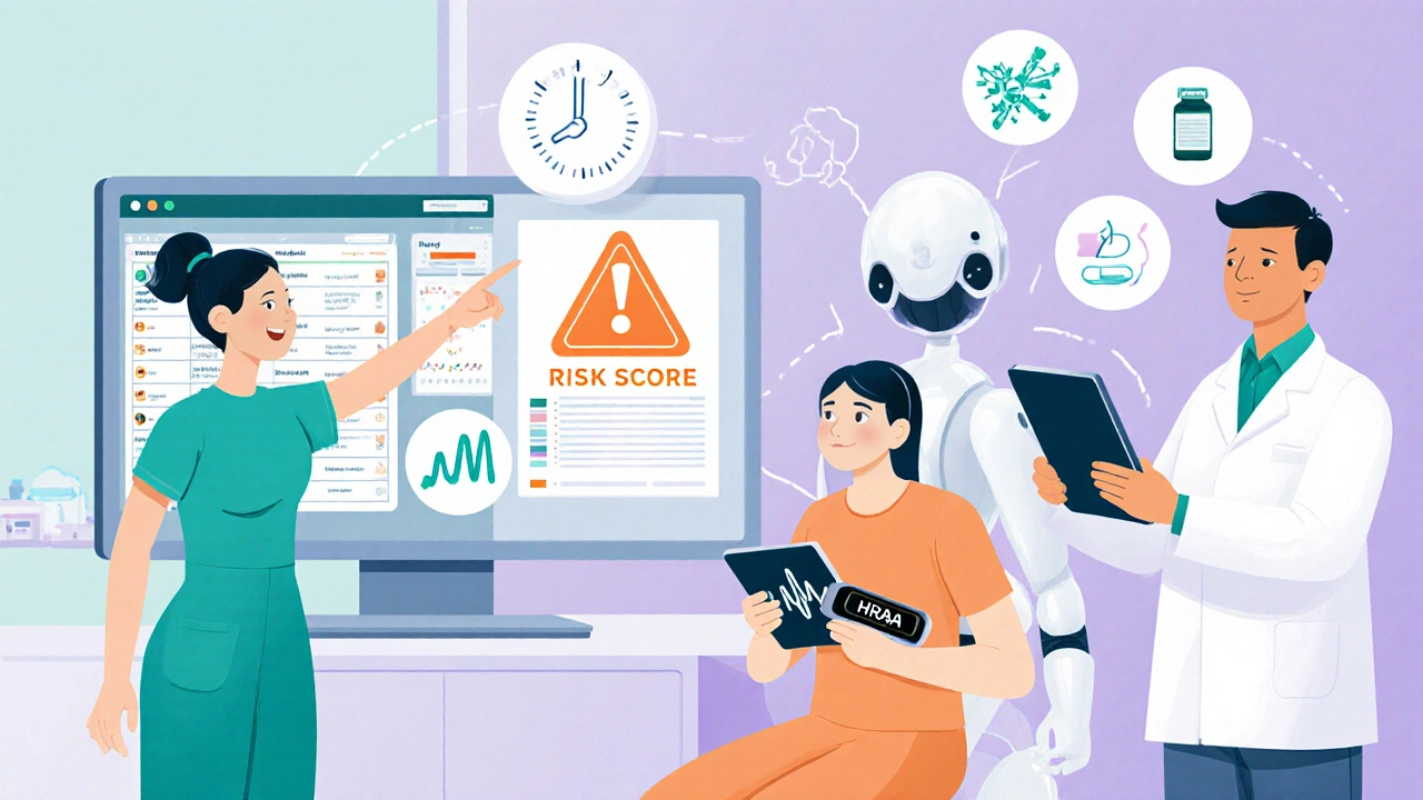 Pharmacist, doctor, AI robot, and patient with pH‑monitor wristband showing mitigation strategies.