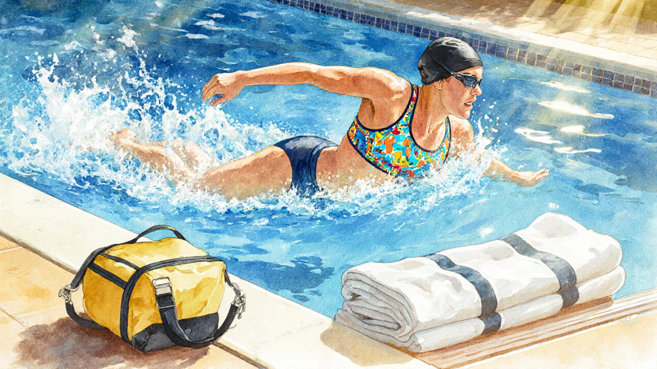 Swimmer glides through pool with confidence, spare gear visible on deck.
