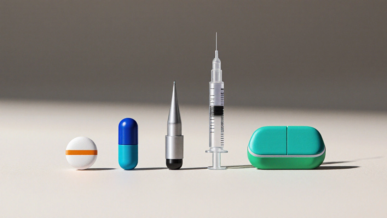 Various weight‑loss medications displayed together, showing tablets and injectors.