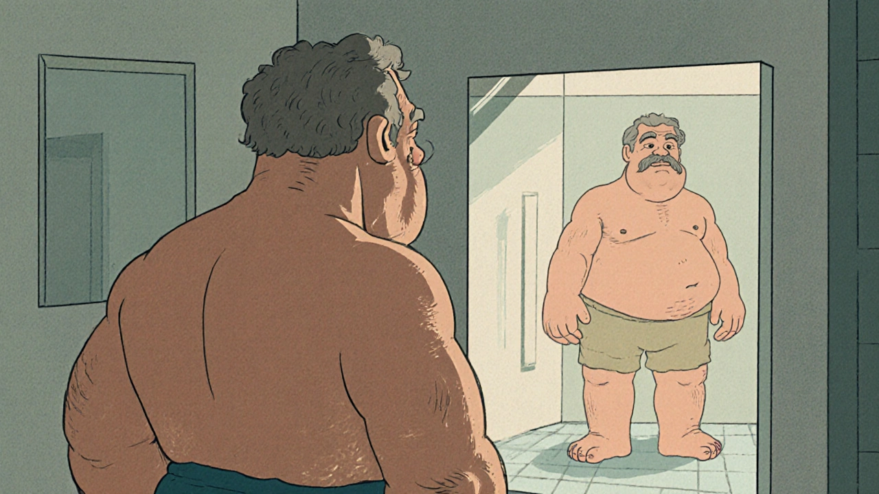 Vintage cartoon of a man noticing enlarged hands, facial changes, and thickened skin.