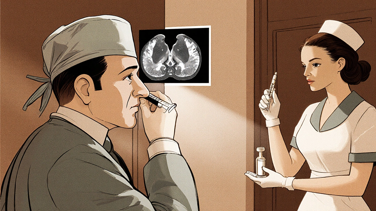 Vintage cartoon of doctors performing pituitary surgery with medication and radiotherapy symbols.