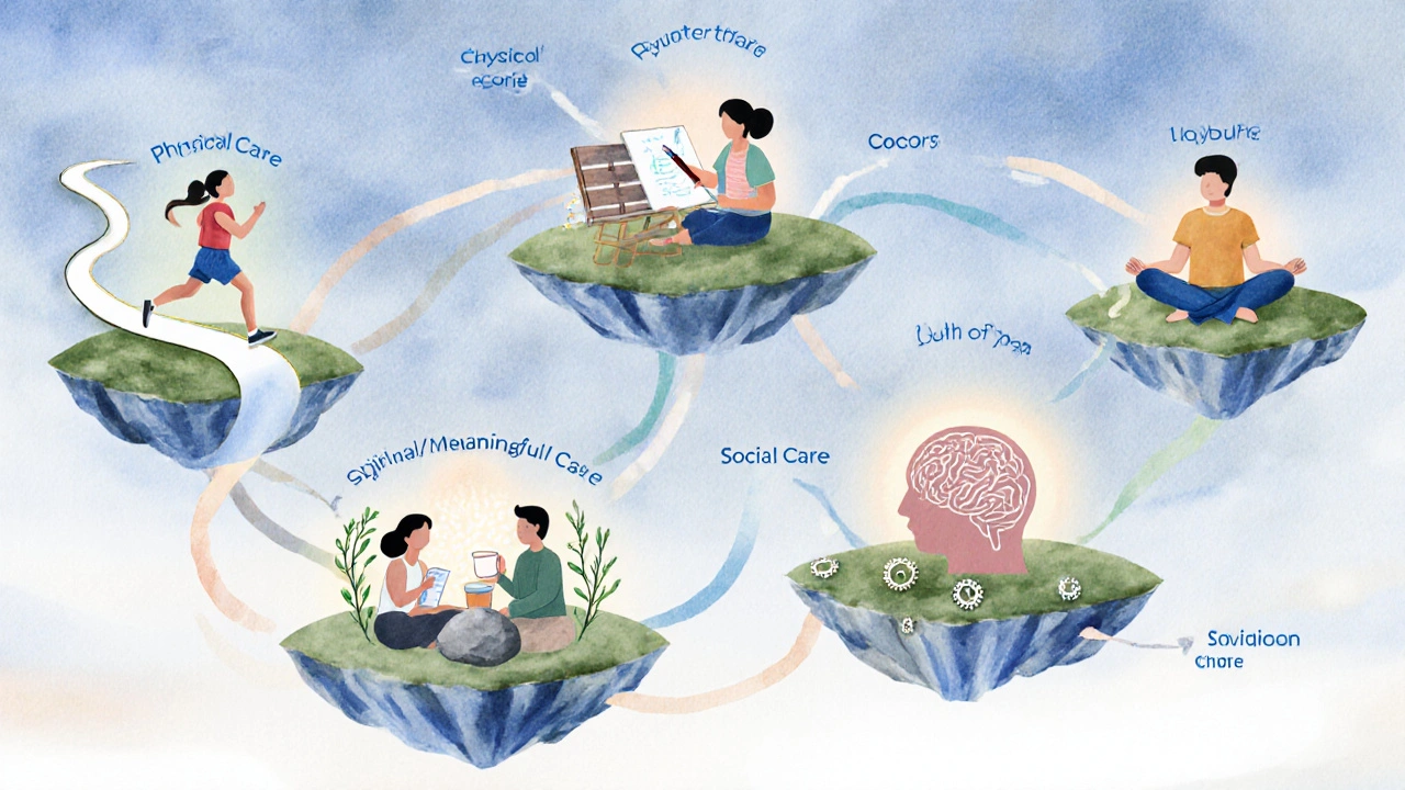 Watercolor islands each depicting exercise, art, friendship, meditation, and grounding, linked by light ribbons.