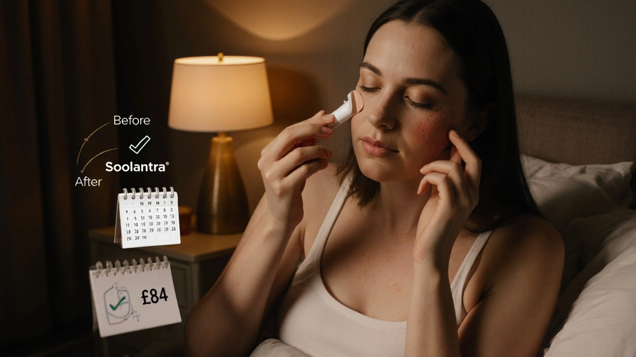 Woman applying Soolantra at night in a calm bedroom, with a calendar indicating 12‑week progress.