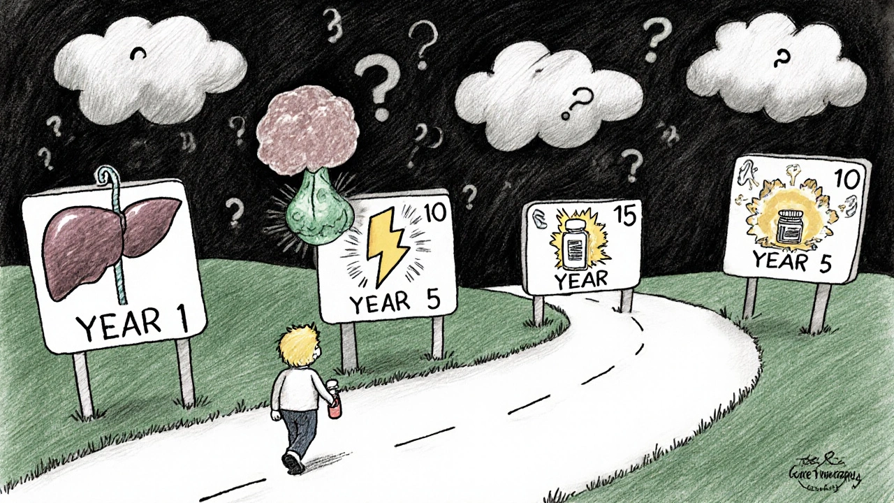 A 15-year timeline road with hidden dangers emerging as a child walks holding a gene therapy vial.