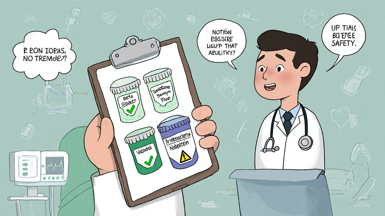 A doctor presents three approved angina medications with green checkmarks, while Vastarel is dim and caution-marked in the corner.