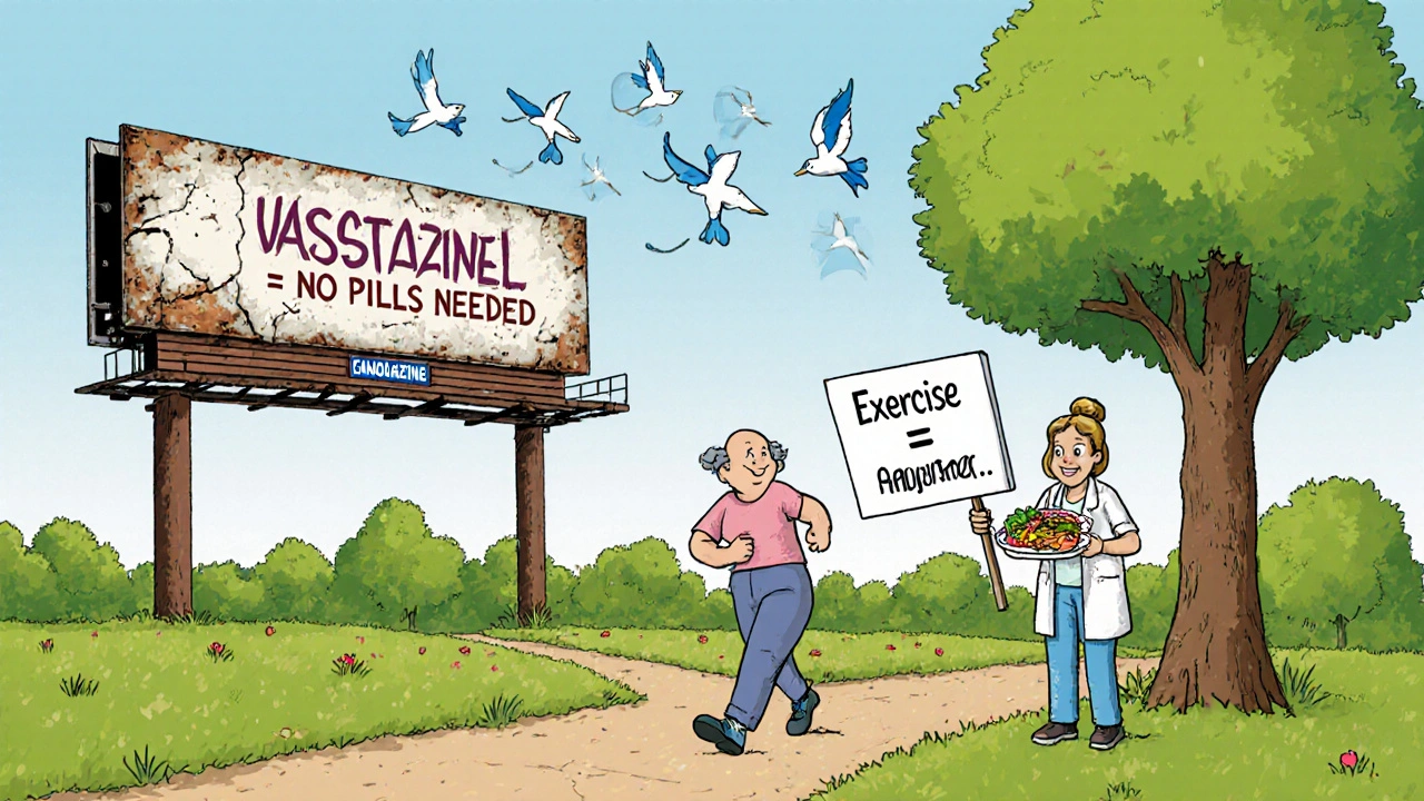 A patient enjoying cardiac rehab activities in a park, with a faded Vastarel billboard being replaced by a healthier heart message.