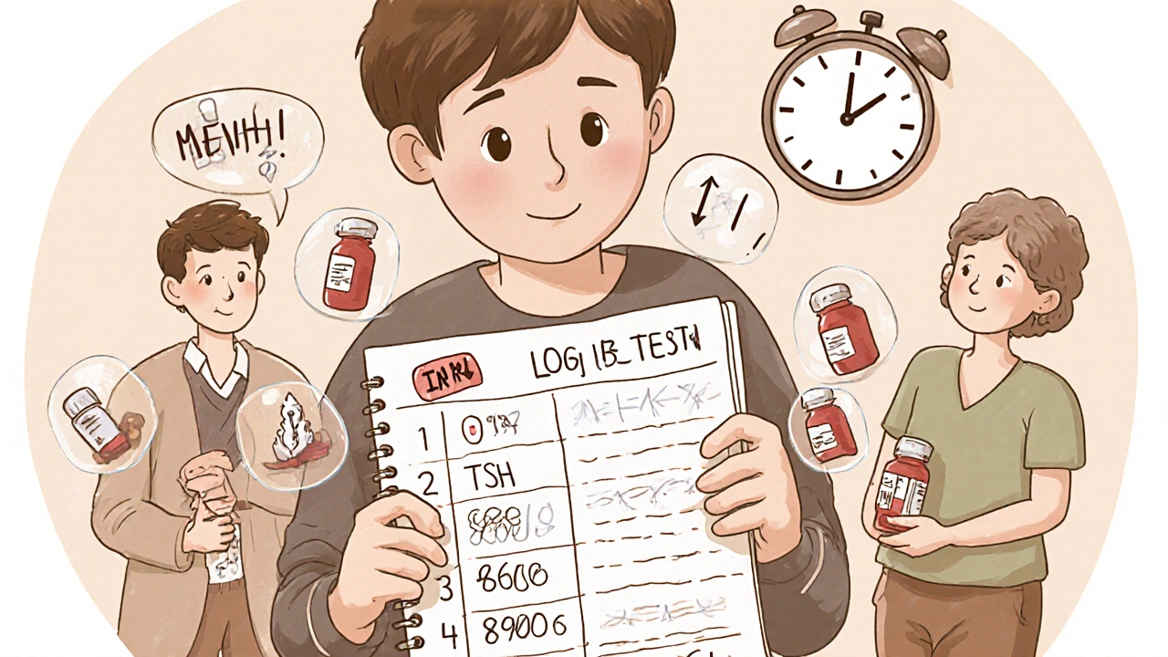 A patient holding a blood test log with floating lab results, surrounded by family members taking NTI drugs.