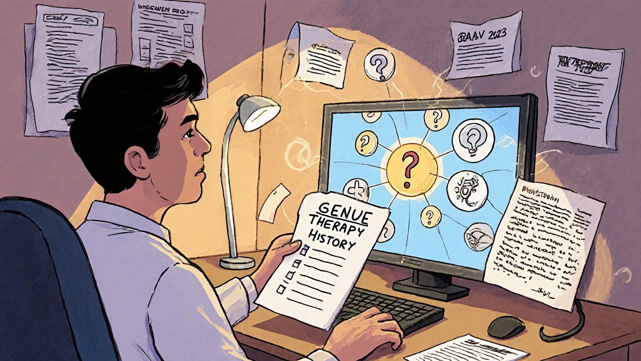 A patient shows a handwritten gene therapy history to a confused doctor surrounded by drug icons.