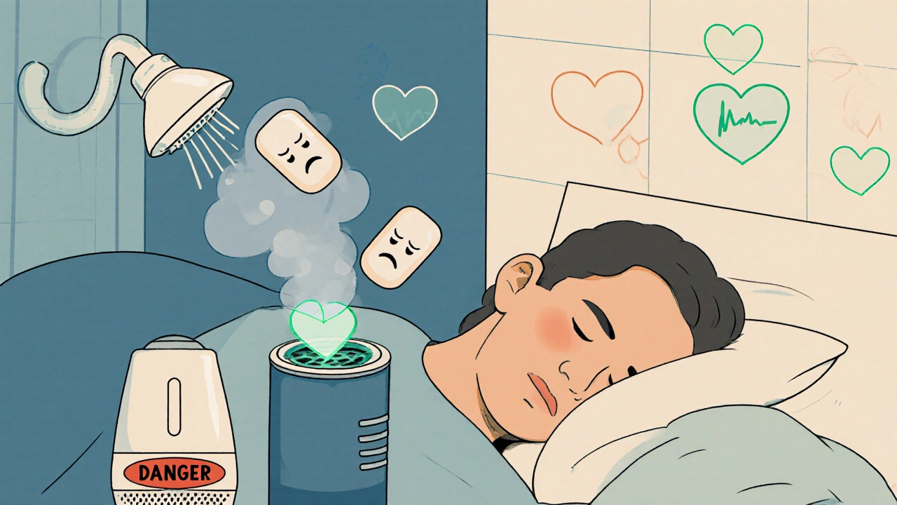 A person sleeping comfortably with steam and humidifier, while harmful decongestant pills are flushed away and a calm heart pulses gently.