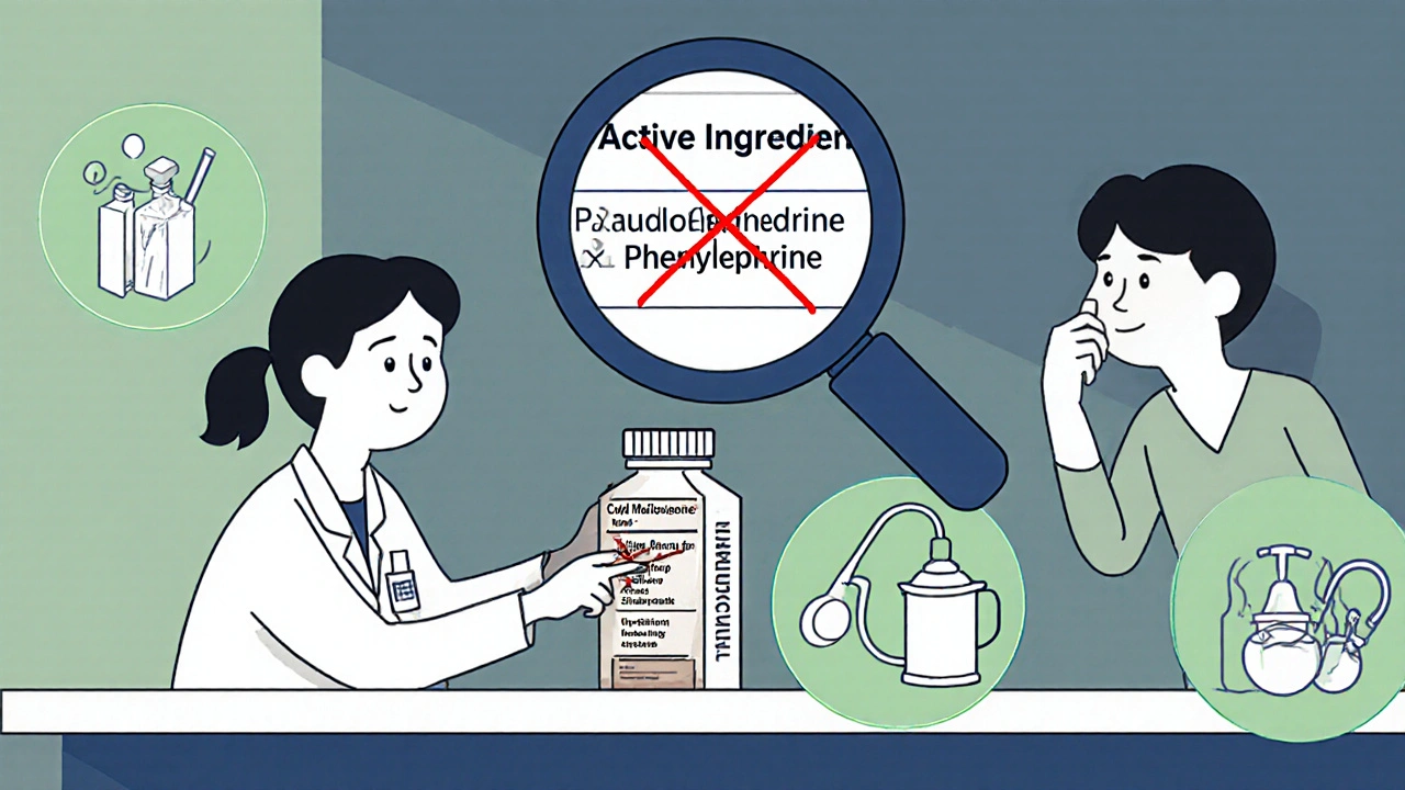 A pharmacist explaining medicine labels to a patient, with dangerous ingredients marked by red Xs and safe options glowing green.