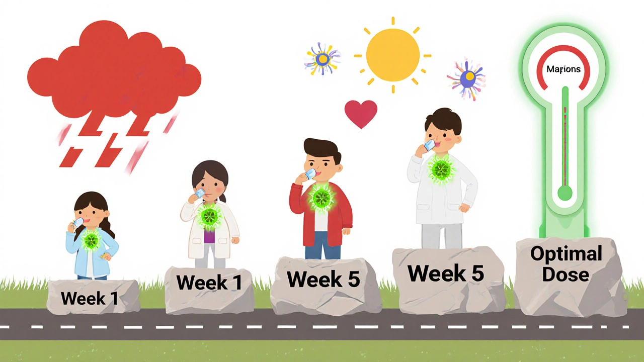 A step-by-step timeline showing a patient gradually reaching optimal medication dose over five weeks.