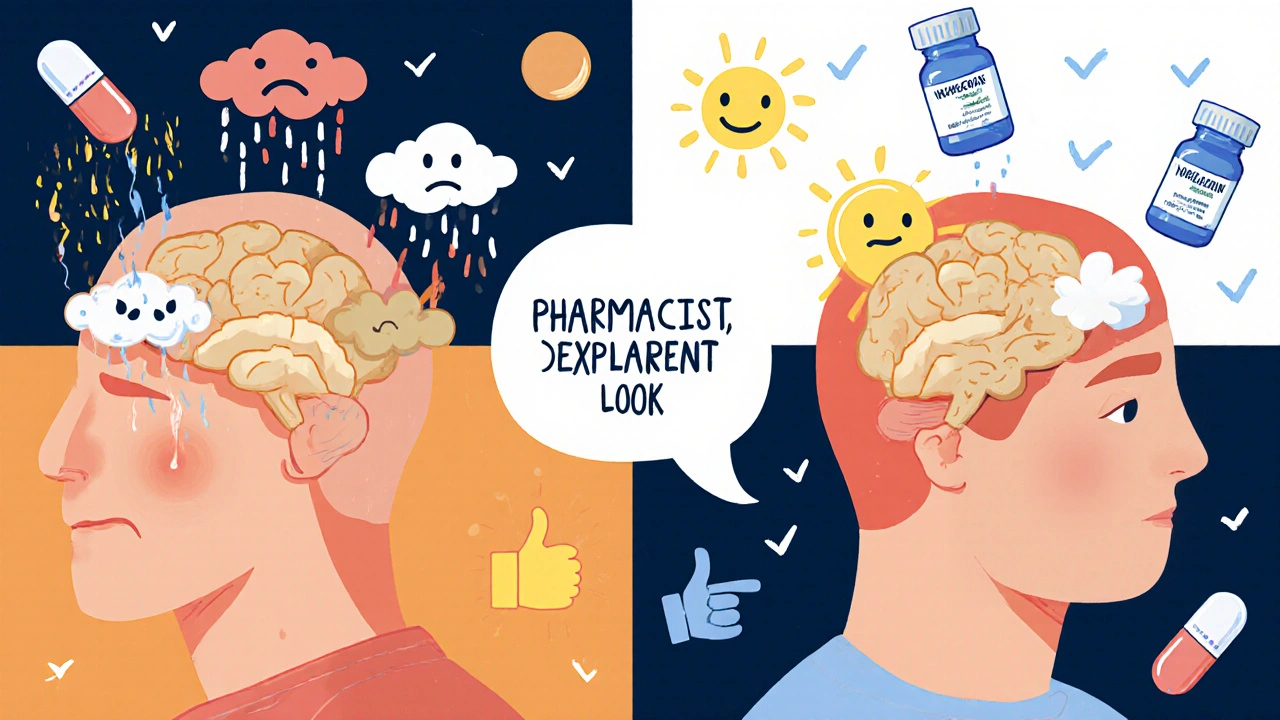 Brain illustration showing the difference between nocebo effect and pharmacist explanation for generic drugs.