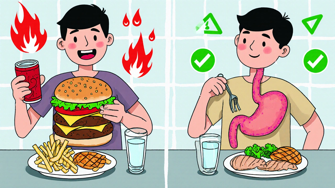 Contrasting healthy and trigger meals for GERD management in a kitchen setting.