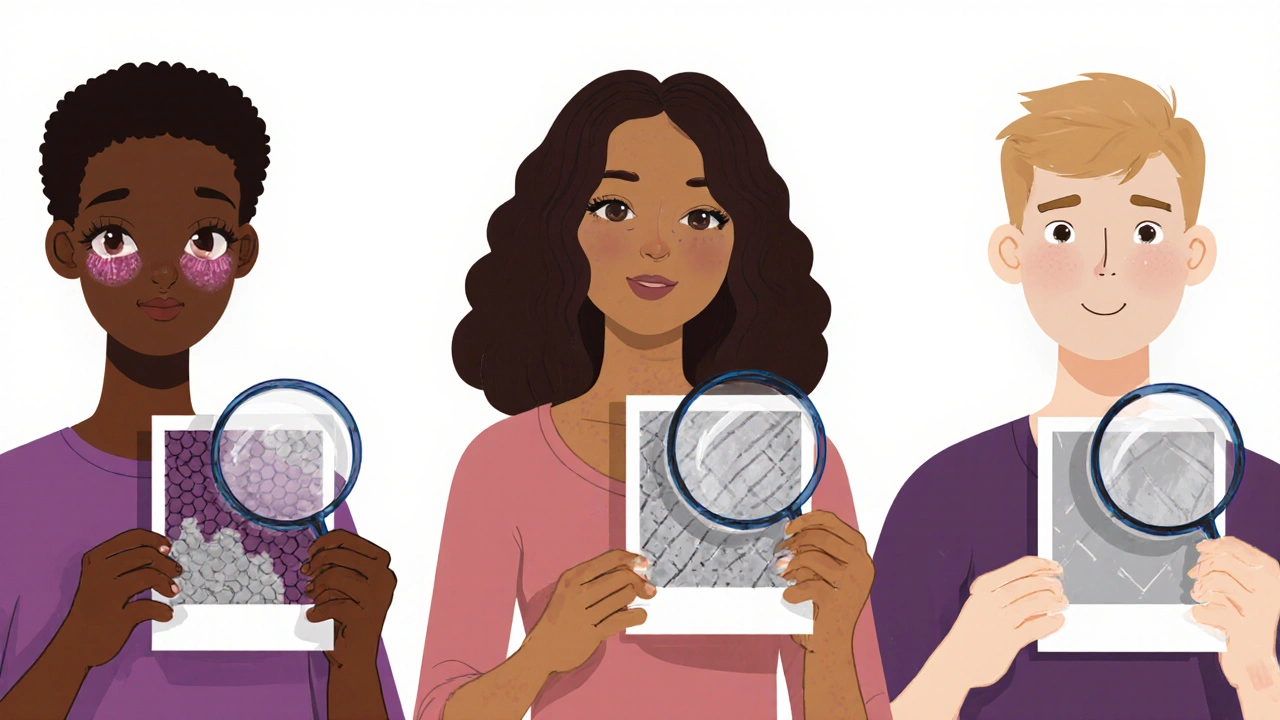 Diverse individuals holding rash photos showing psoriasis halo on dark skin and eczema in skin folds.