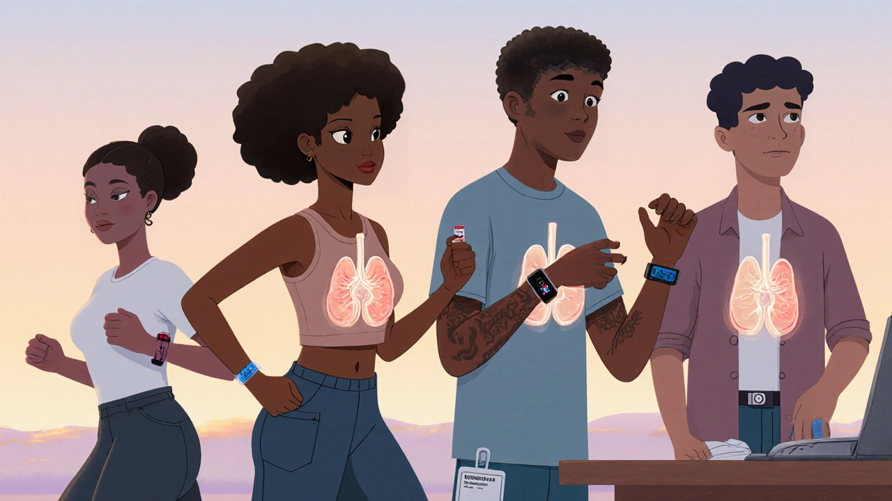 Diverse people living daily life with glowing adrenal glands and medical ID bracelets, wearable monitor on wrist.